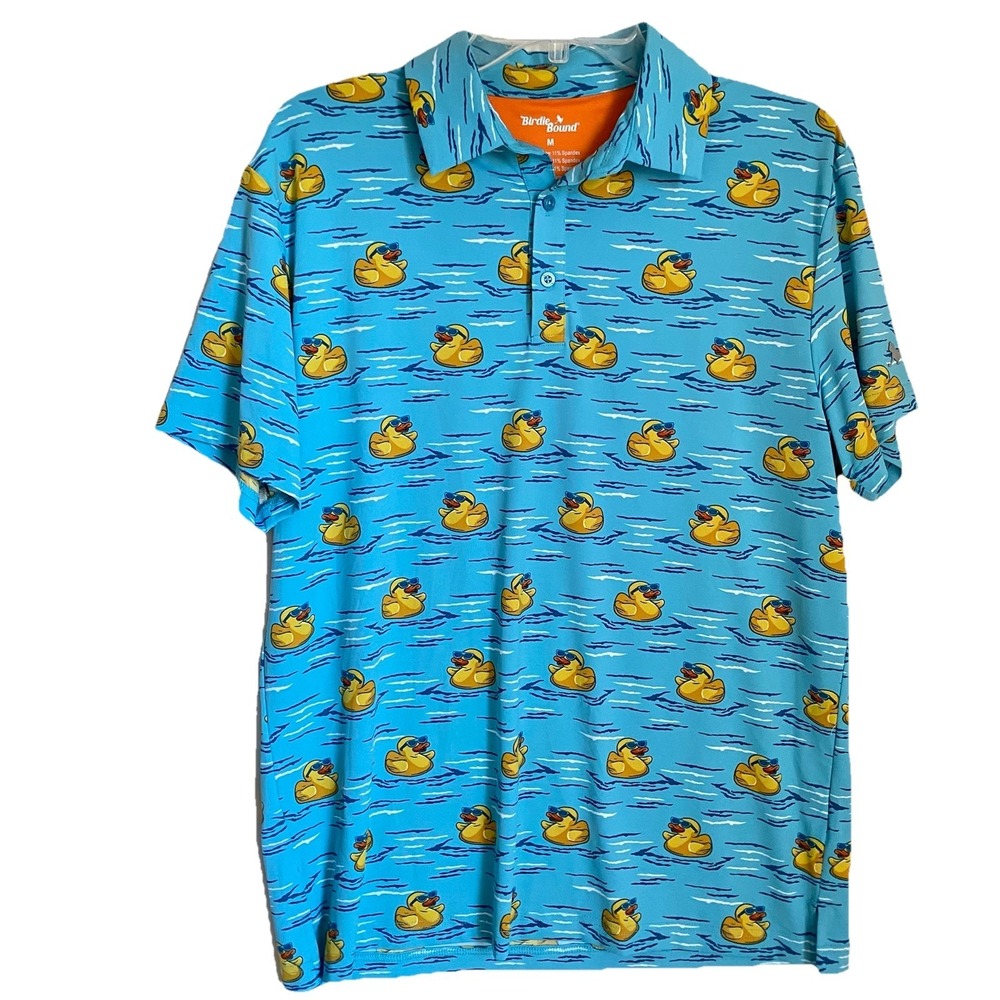Birdie Bound Polo Shirt Men Size M Blue Duck Print Golf Stretch Athleisure